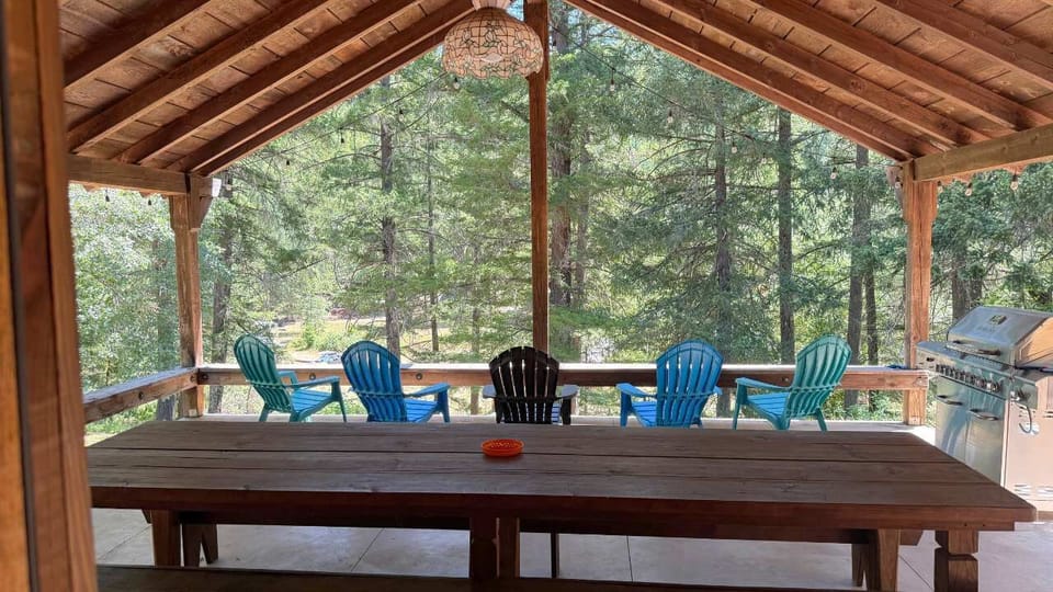 Covered outdoor dining patio overlooking the forest.