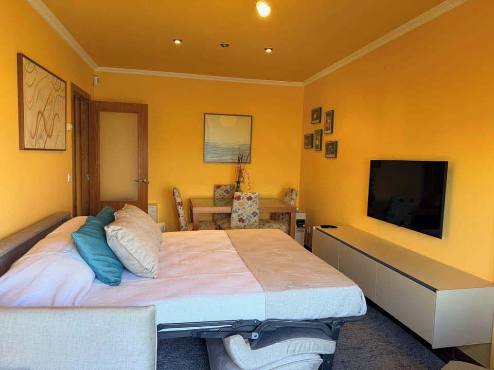Living room with a 2m sofa bed (open, with a 1.60 x 2m bed and an 18 cm thick memory foam mattress), a chaise lounge convertible into a child’s bed (closed), TV, and dining table