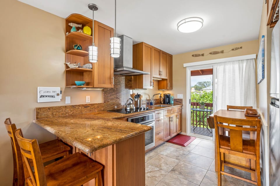 A fully stocked kitchen is provided for dining in
