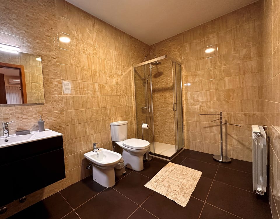 Shower, towels, shampoo, toilet paper