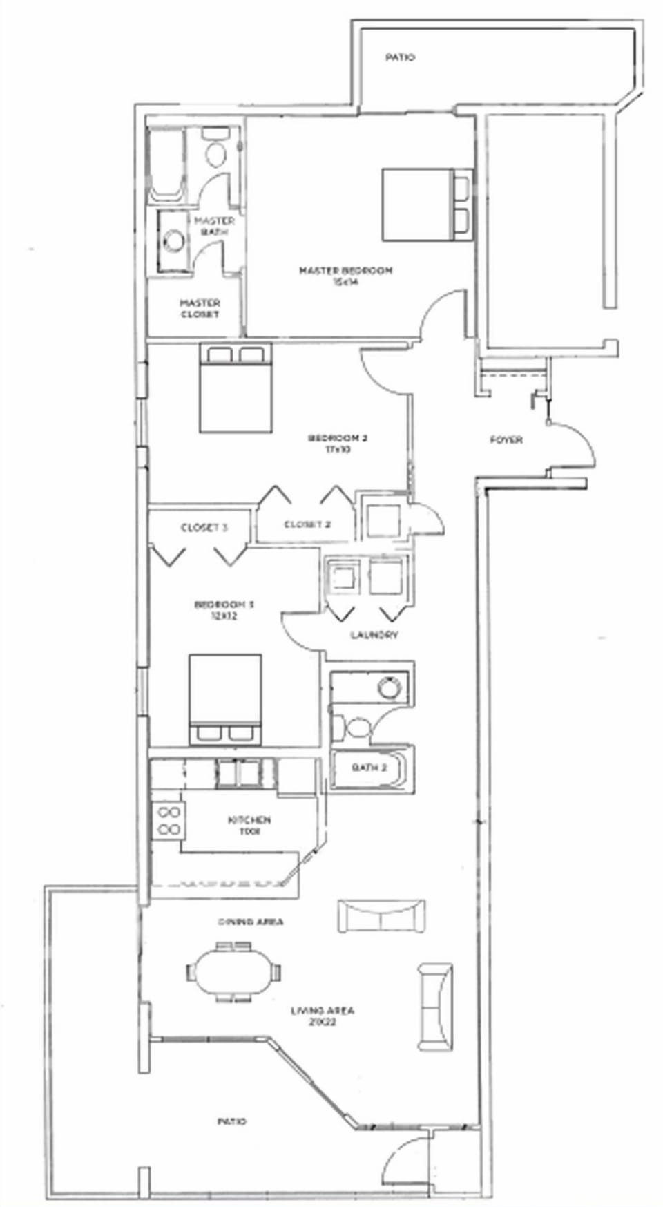 Floor plan showcasing a three-bedroom, two-bath layout with a living area, dining space, and a patio for outdoor relaxation