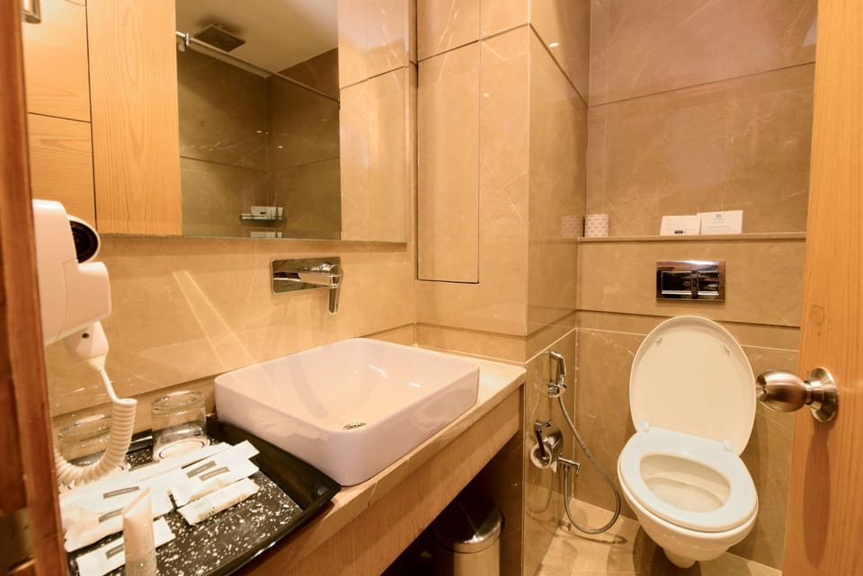 Designer toiletries, hair dryer, slippers, bidet