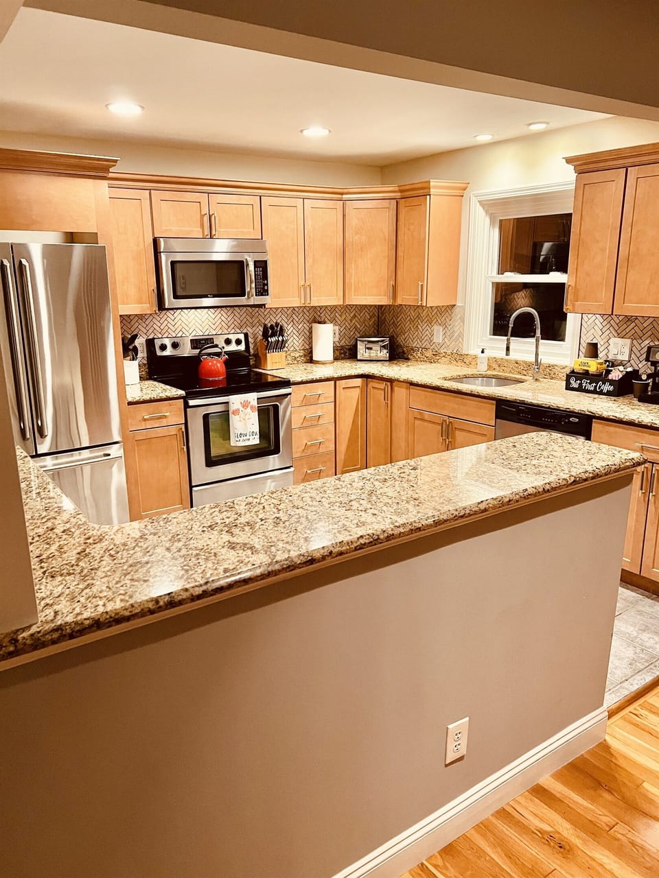 Spacious kitchen with bar seating for 2; fully loaded for preparation of full meal