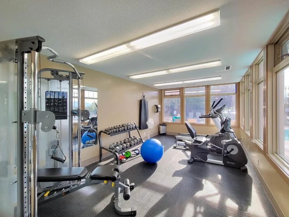 Your stay includes access to the seasonal (May-September long) outdoor pool, year-round hot tub, and fitness centre/gym.