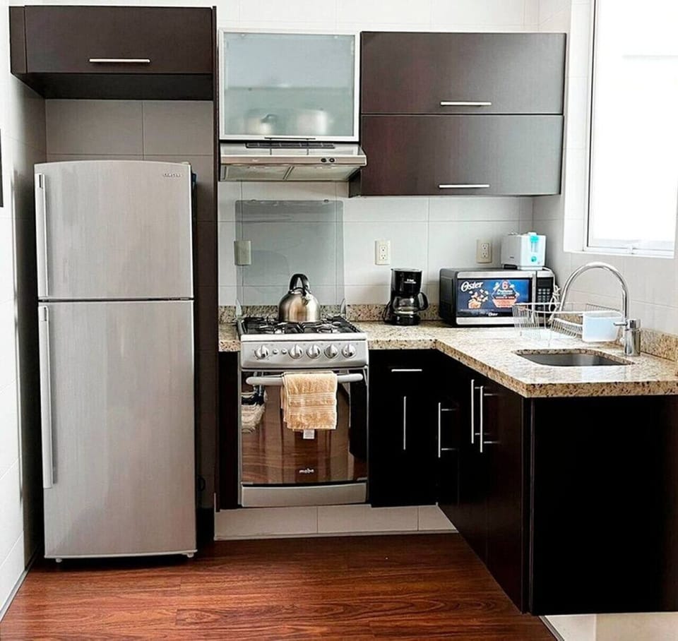 Refrigerator, microwave, kitchen, stove