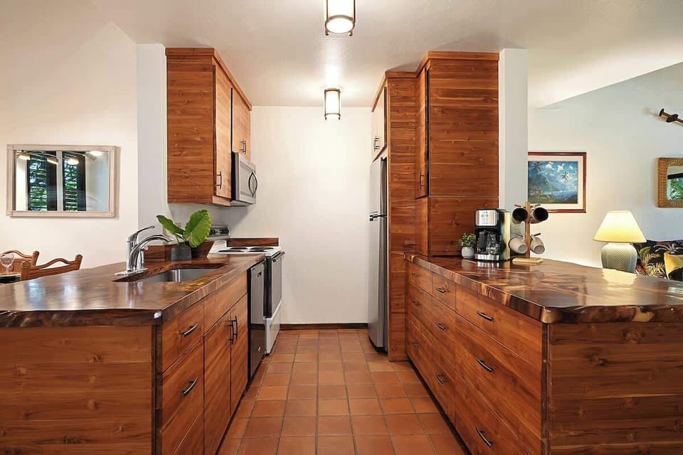 Custom wood cabinets and counter with native Kauai Hardwoods