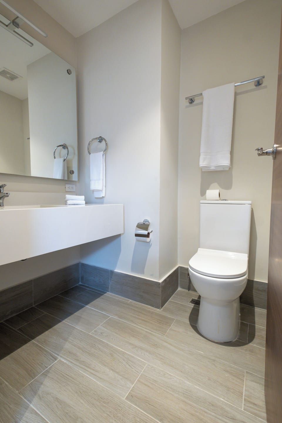 Shower, rainfall showerhead, towels, soap