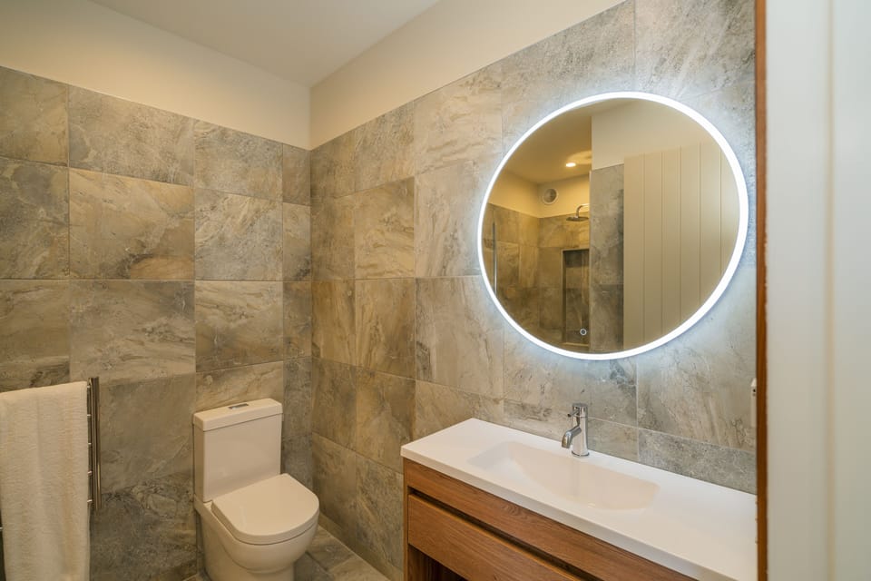 Shower, rainfall showerhead, hair dryer, bathrobes