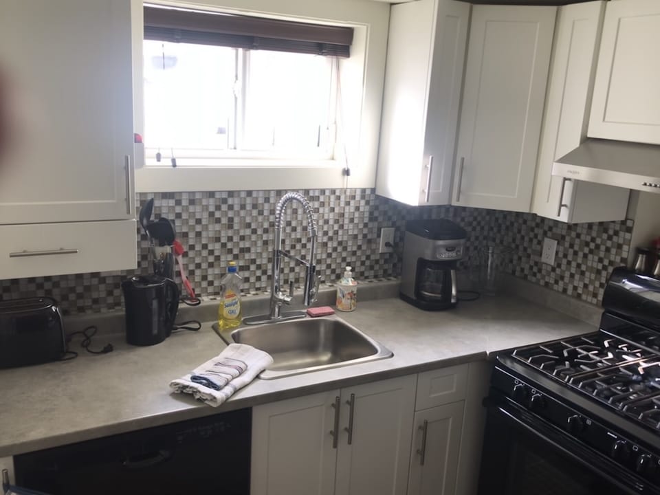kitchen, with gas stove, fridge and dishwasher 