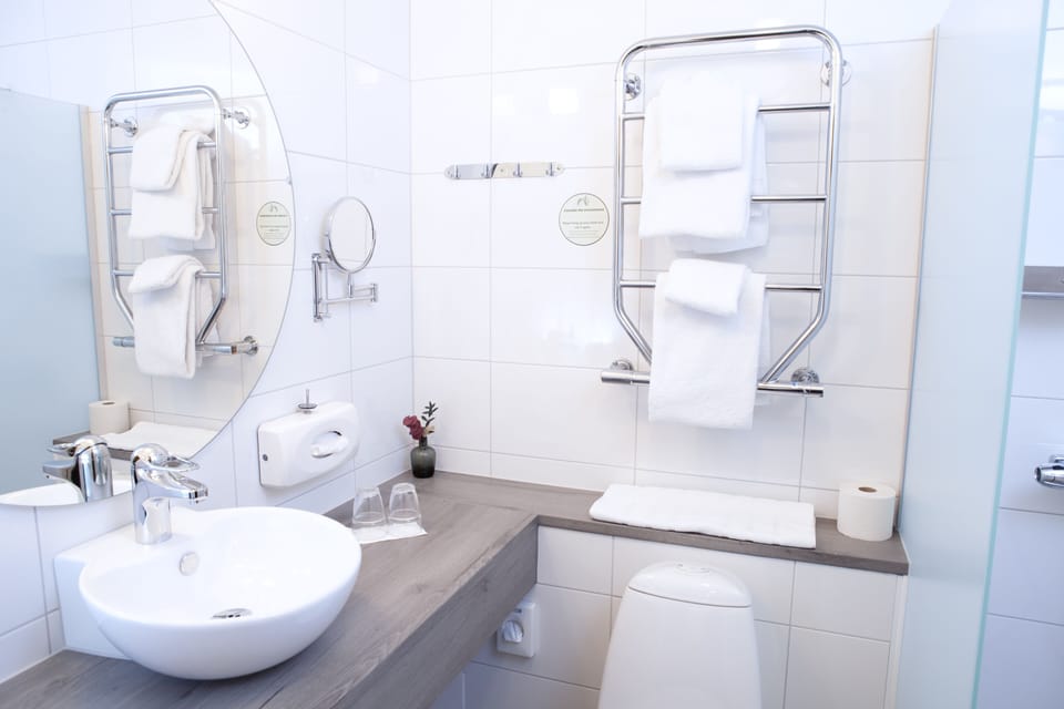 Shower, hair dryer, towels