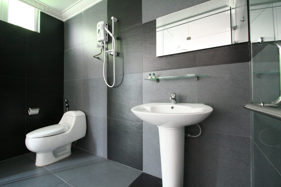Shower, free toiletries, hair dryer, slippers