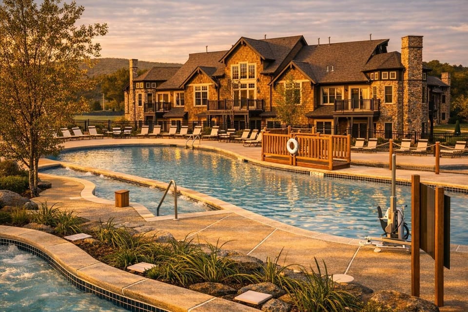 Black Creek Sanctuary has 13 Adirondack style buildings with a resort-style pool area in the middle that has pool, kiddie pool, 2 hot tubs and lounge chairs with umbrellas