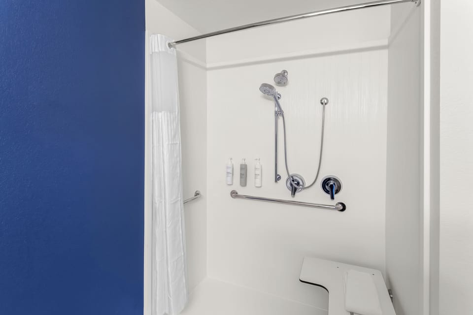 Room, 1 Queen Bed, Accessible (Roll-In Shower) | Bathroom | Hair dryer, towels