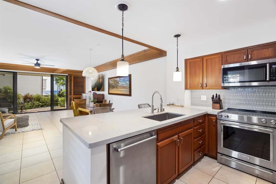 Beautiful wooden cabinetry in kitchen.