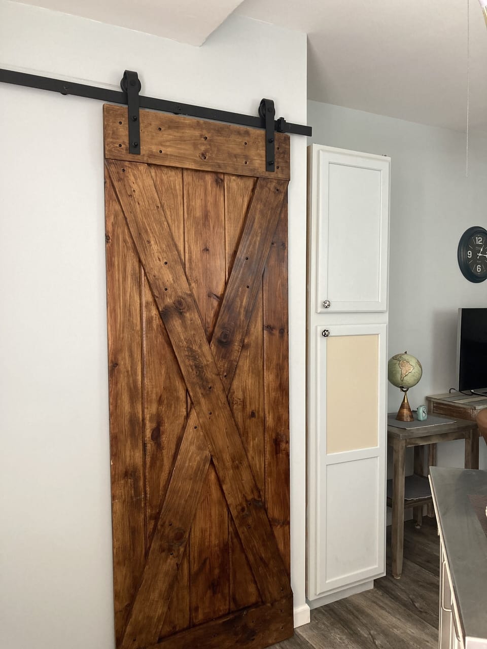 The bathroom area is behind the door.