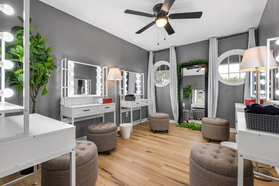 The "makeup room" comes equipped with 5 makeup stations, because who wants to get ready alone? 