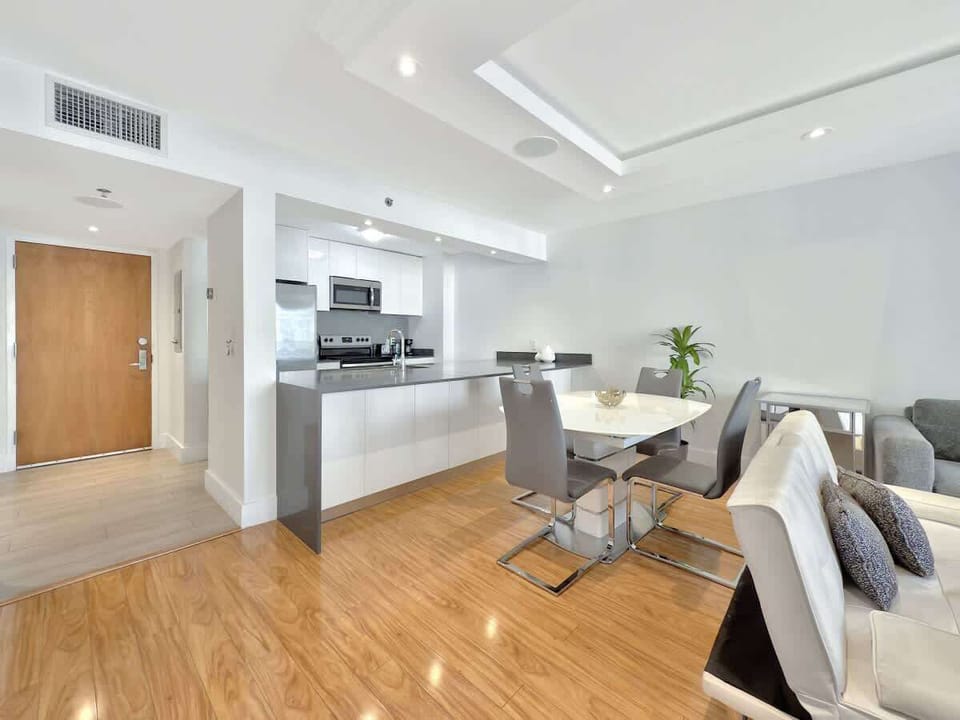 Modern open concept living space featuring dining area