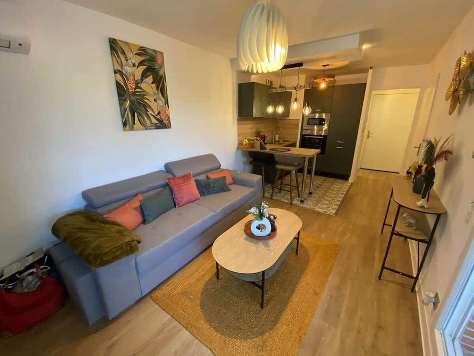 Vue d'ensemble du séjour avec table basse, canapé et cuisine équipée en arrière-plan