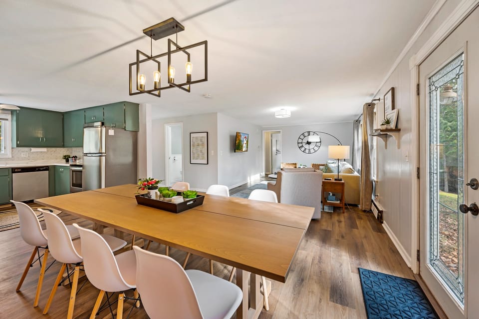 Dining area, kitchen, and living room