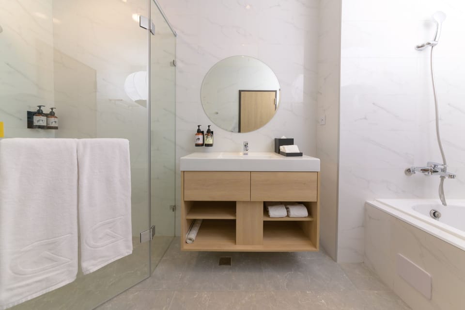 Hair dryer, slippers, towels, soap