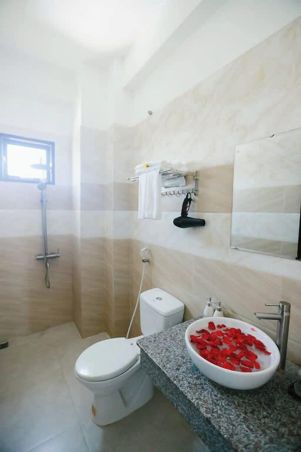 Shower, hydromassage showerhead, free toiletries, hair dryer