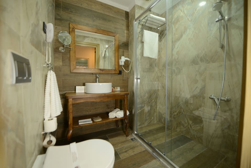 Shower, free toiletries, hair dryer, slippers