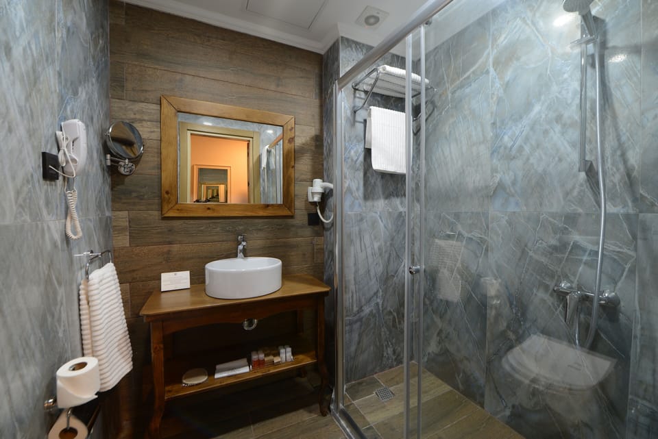 Shower, free toiletries, hair dryer, slippers