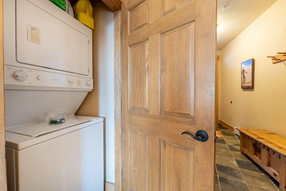 Your in-unit laundry setup makes packing light a breeze—convenient stackable washer and dryer right in your space.