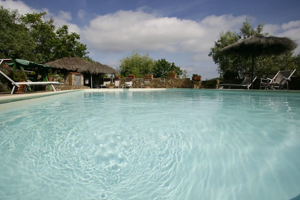 la nostra piscina immersa nel verde sotto l'azzurro cielo della Maremma Toscana 