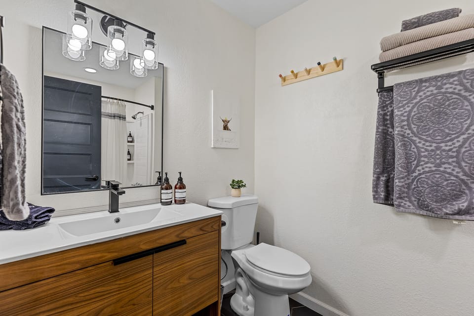 Hallway bathroom, shampoo, conditioner, body wash provided 