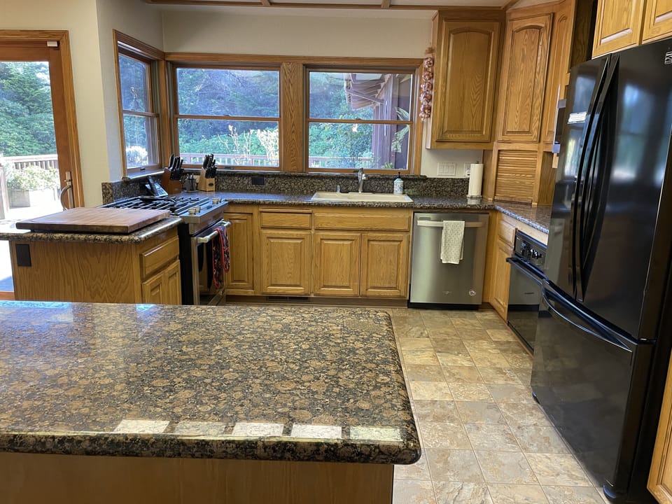 The kitchen with 2 ovens and gas stove