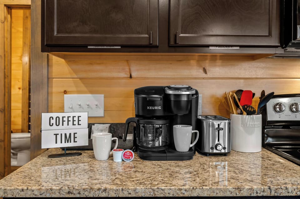 Coffee station, Keurig Duo coffee maker brews both a pod or pot of coffee.