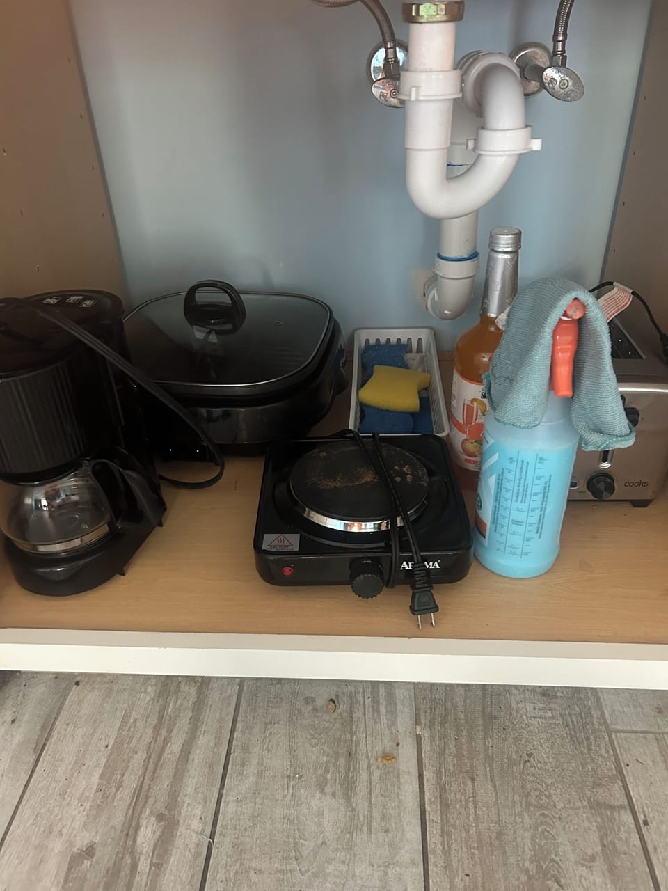 Single plug in burner with frying pan
Crockpot, toaster, coffee maker