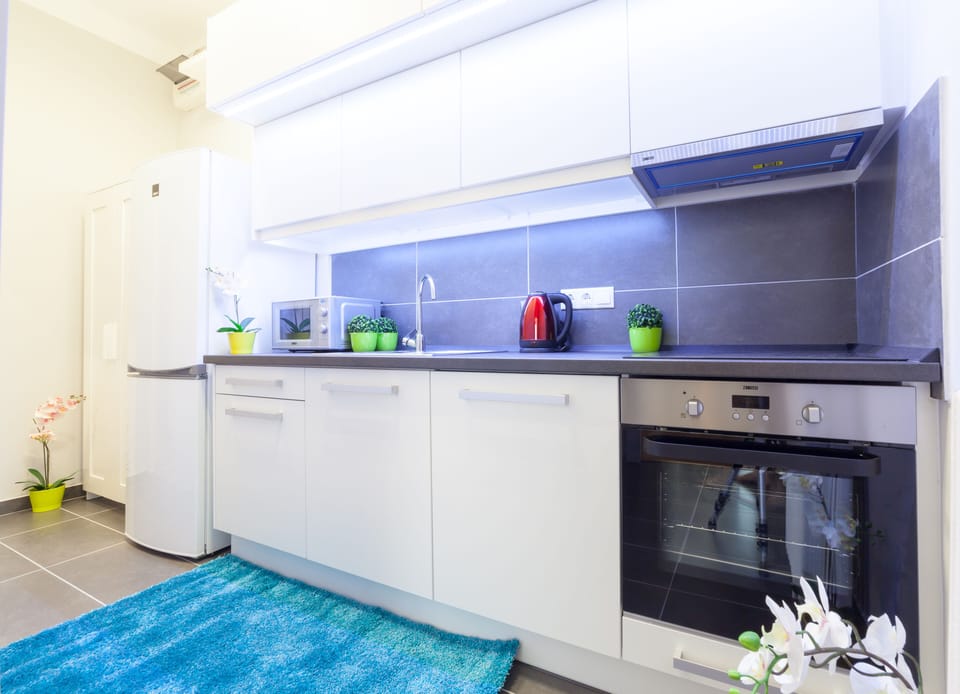 Comfort Apartment | Private kitchen | Full-size fridge, microwave, oven, stovetop