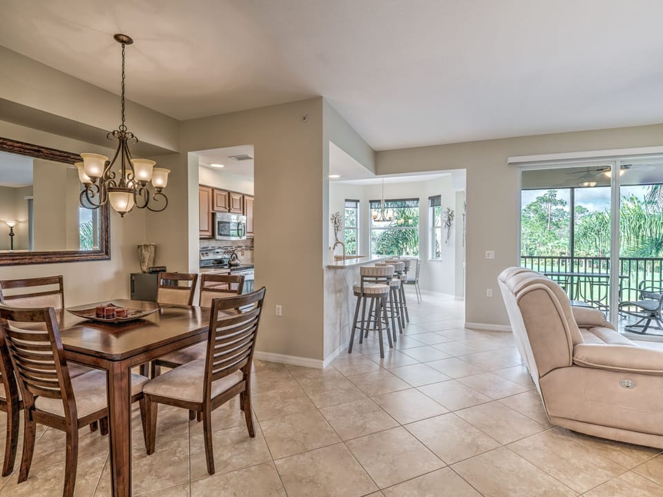 Open floor plan with view of golf course from the living area