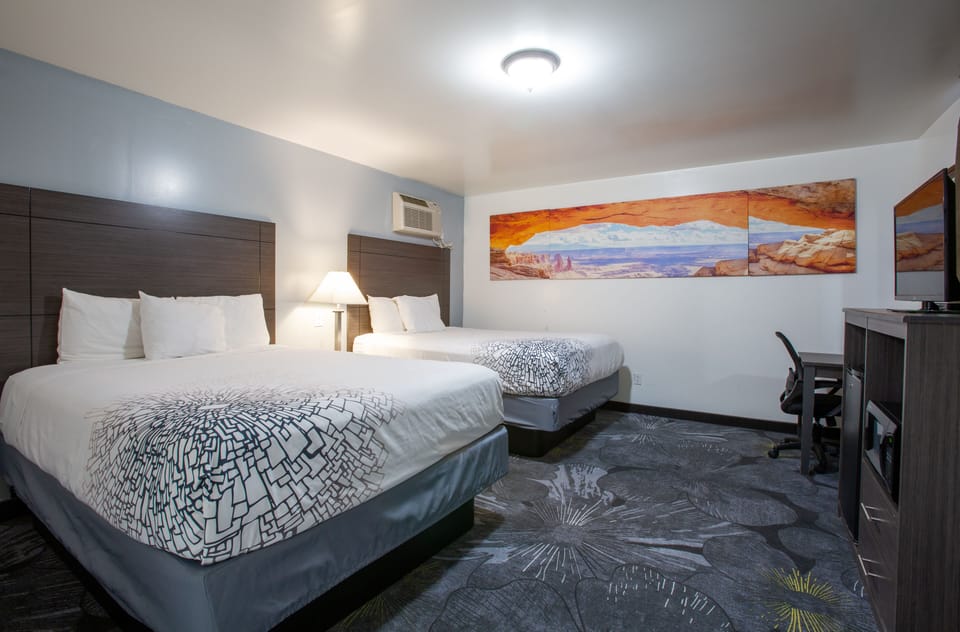 Room, 2 Queen Beds, Non Smoking, Refrigerator & Microwave | Premium bedding, down comforters, desk, blackout drapes