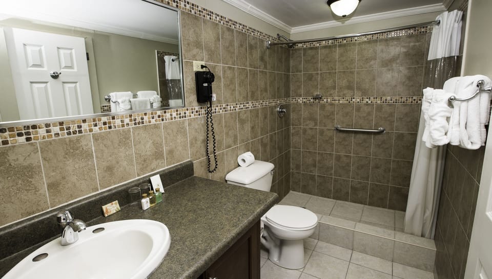 Shower, free toiletries, hair dryer, towels
