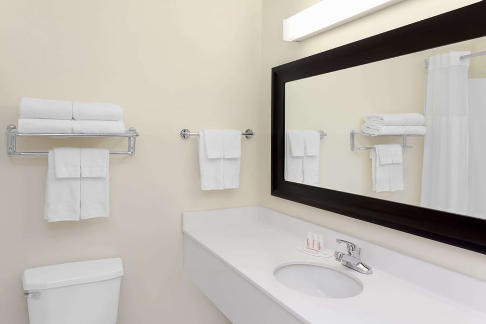 Combined shower/tub, free toiletries, hair dryer, towels