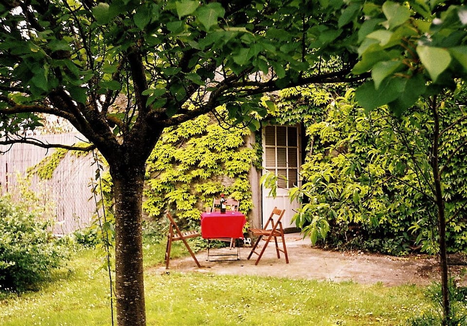 The front door overlooks the orchard.