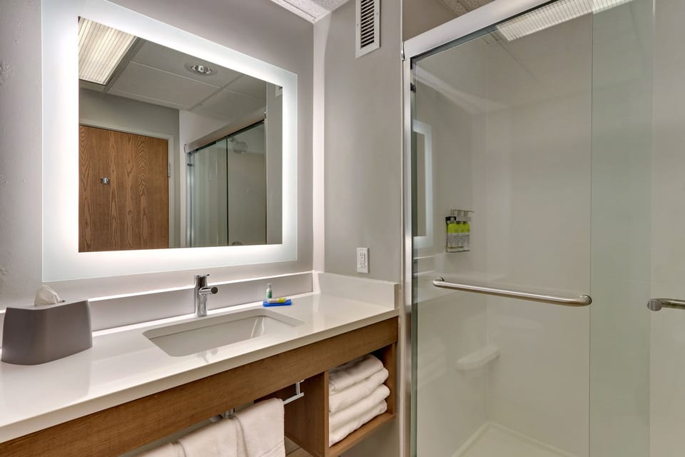 Hair dryer, towels, soap, shampoo