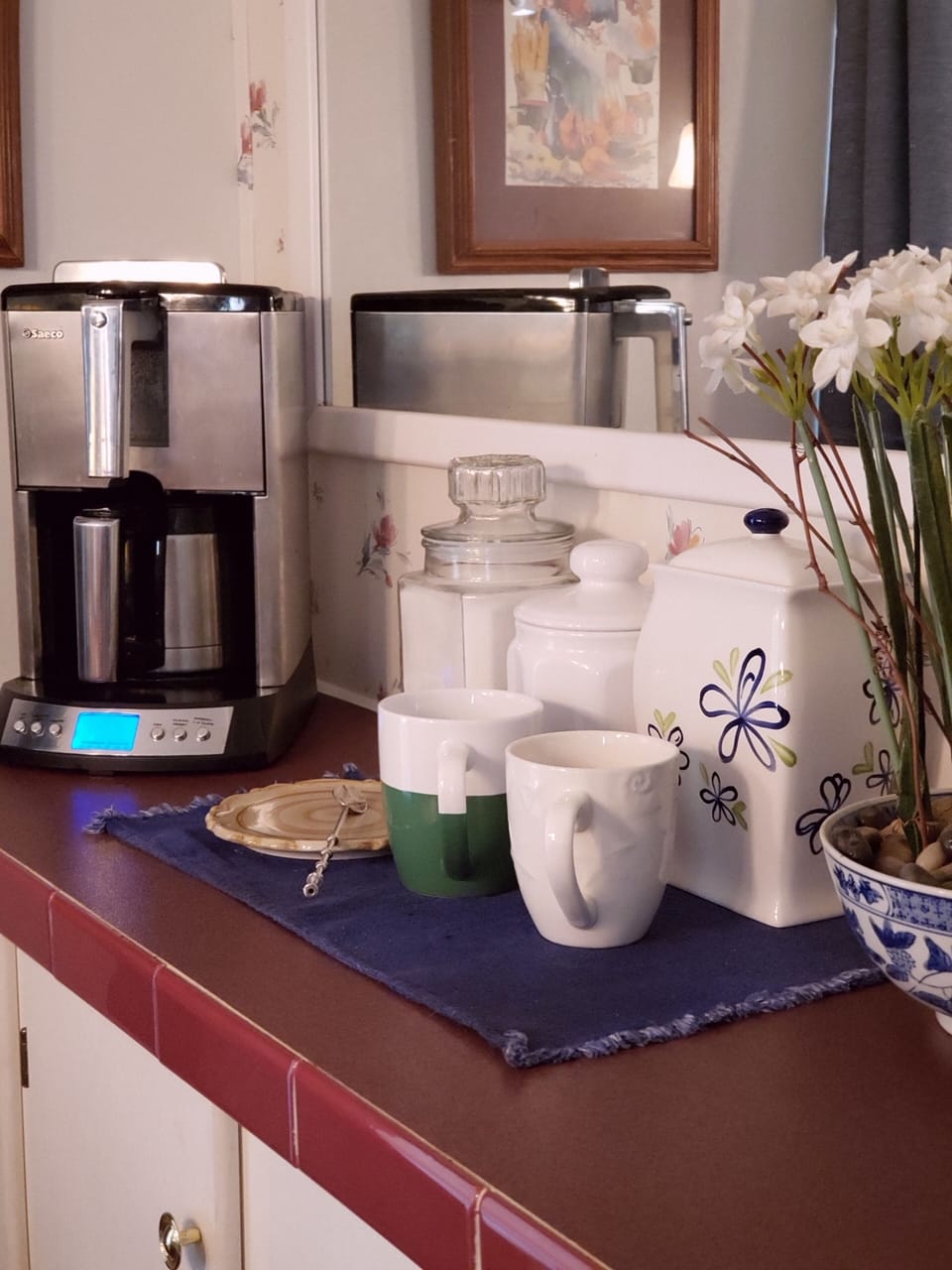 Coffee station. We provide Folgers, sugar, powdered creamer. 