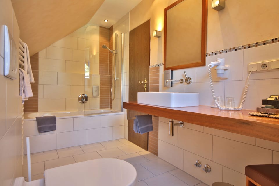 Shower, free toiletries, hair dryer, towels