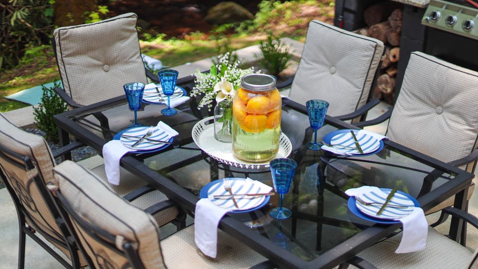 Our a-frame cabin features an outdoor kitchen for alfresco dining. Seats 8