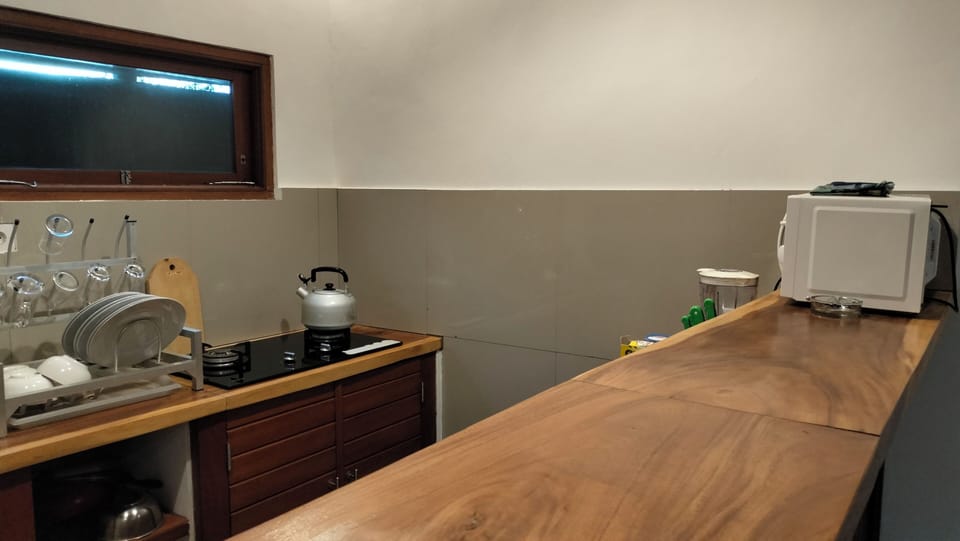 Full-size fridge, microwave, stovetop, toaster