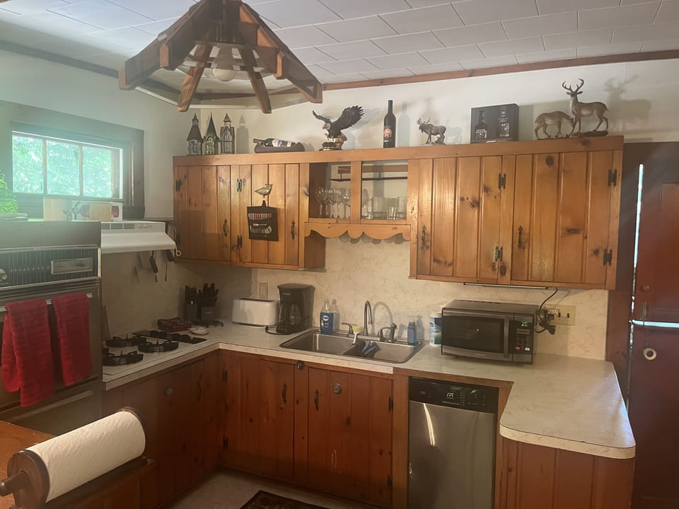 Kitchen, dishwasher and 4 burner stove.