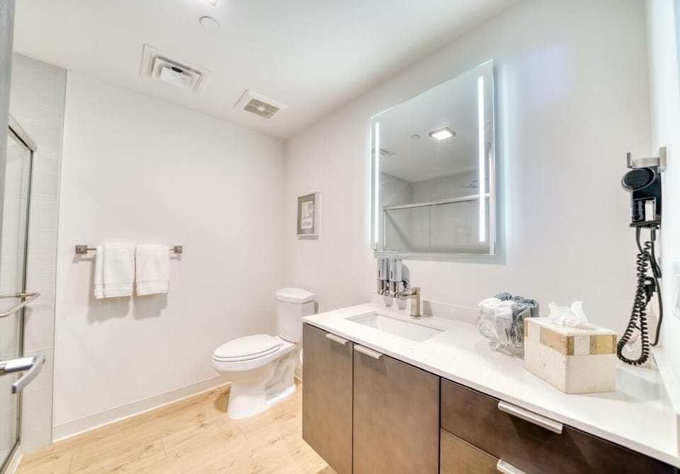 Amenities include: Shampoo, conditioner, & body wash. Hair dryer & curler. 