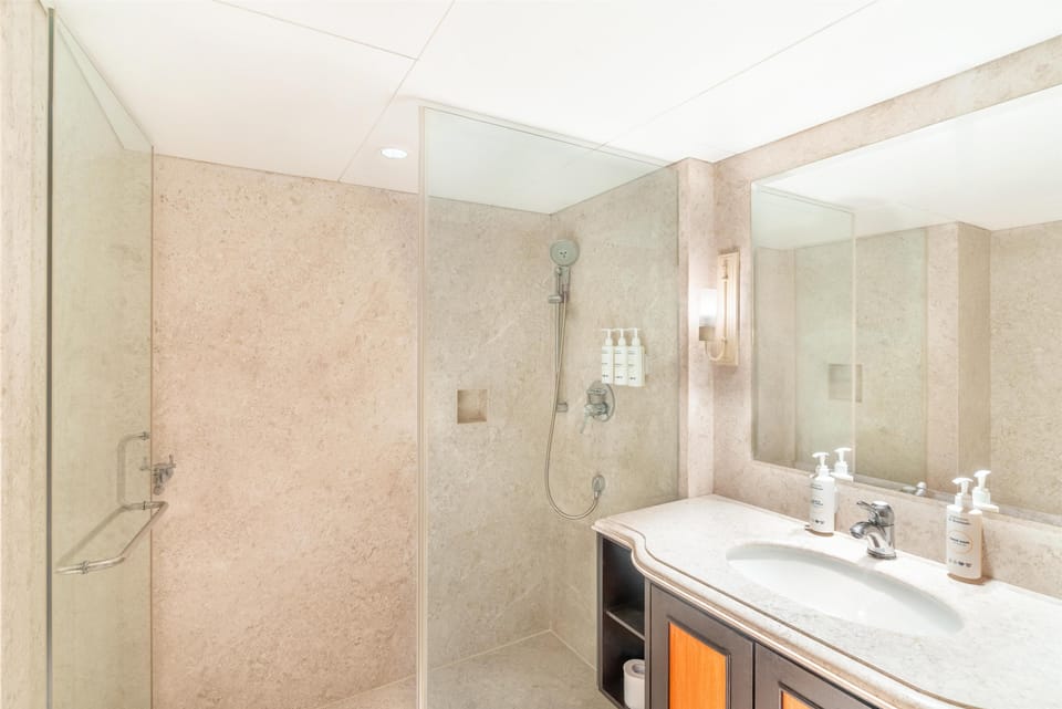 Suite | Bathroom | Shower, rainfall showerhead, designer toiletries, hair dryer