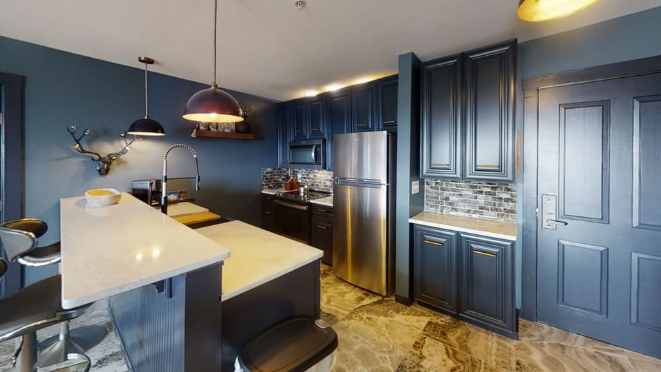 Indoors, Kitchen, Refrigerator, Kitchen Island, Microwave