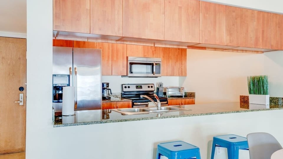 Kitchen appliances and cookware provided for guests to use!