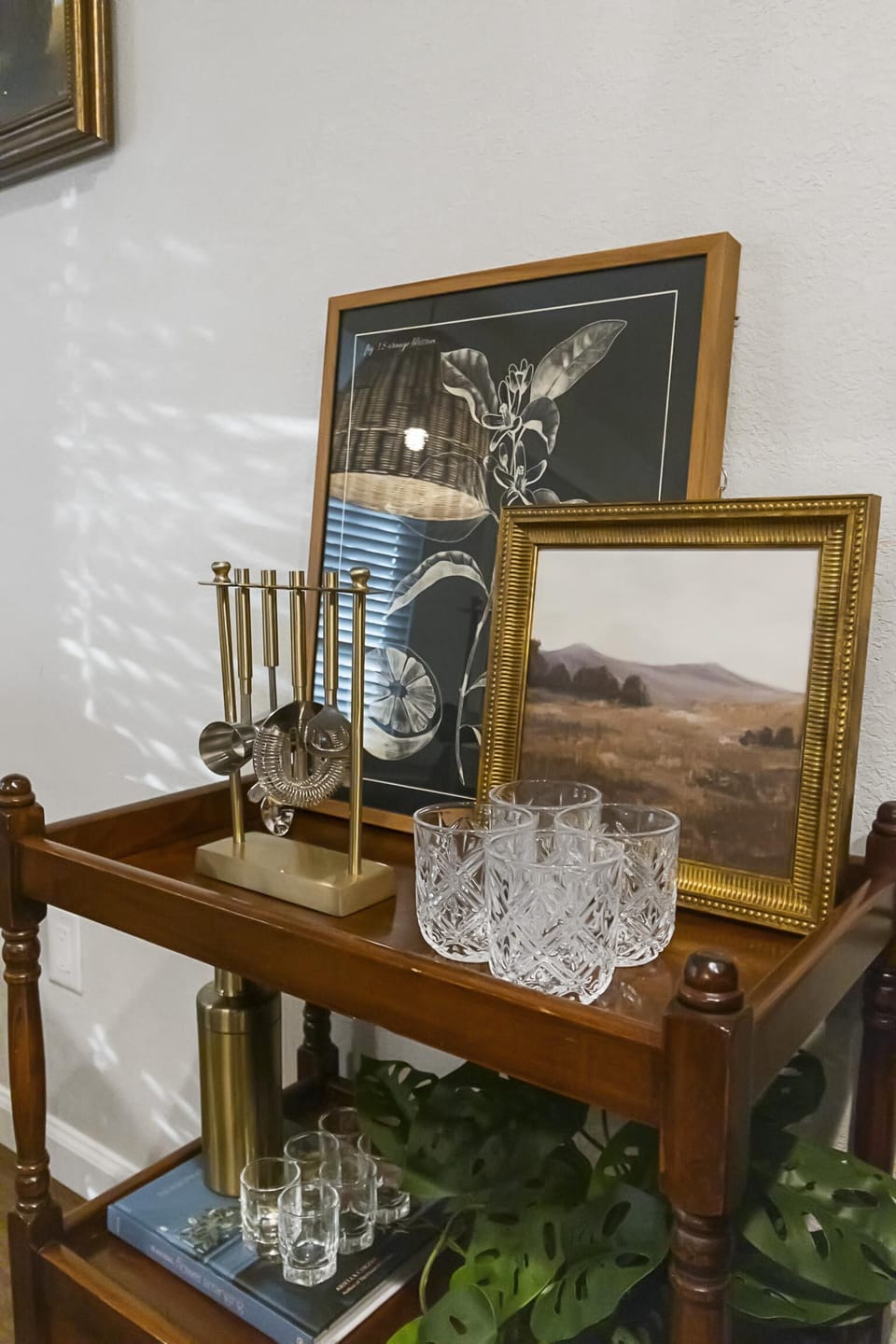 Bar Cart Stocked with Basic Bar Tools and Glasses
